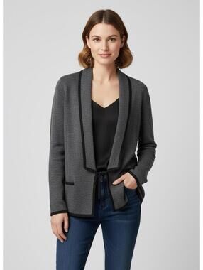 Ann Taylor LOFT Contrast Trim Sweater Jacket Grey Black Open Front Blazer Size L